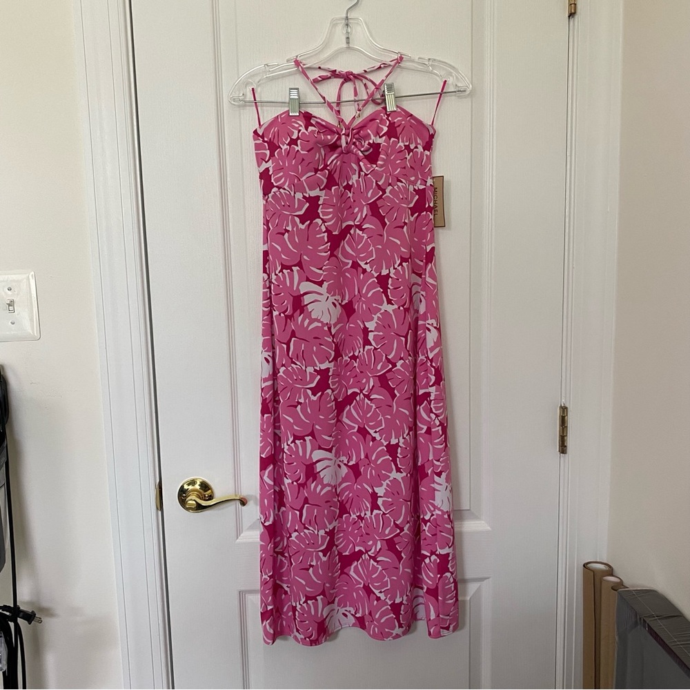 MICHAEL Michael Kors Women’s Sweetheart Neck Halter Ties Pink Floral Midi Dress